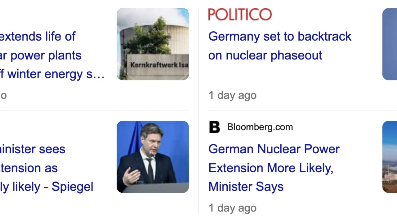 Screenshot af internationale nyheder om kernekraft i Tyskland