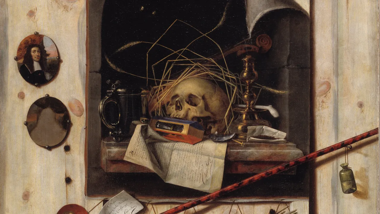 Gijsbrechts' maleri fra 1668 viser et kranium og andre genstande på et tilsyneladende løst lærred foran en ateliervæg med malergrej.