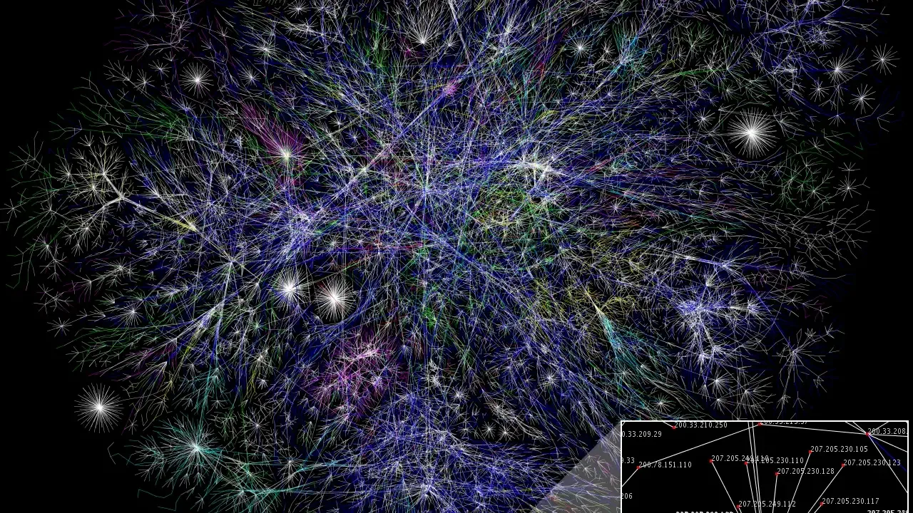 Et farverigt net af forgreninger og forbindelser lyser mod sort baggrund i en visualisering af en del af internettet.