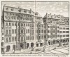 Historisk stik af Katharinenstraße i Leipzig med bygningen, hvor Café Zimmermann lå.