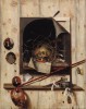 Gijsbrechts' maleri fra 1668 viser et kranium og andre genstande på et tilsyneladende løst lærred foran en ateliervæg med malergrej.