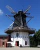Højer Mølle med mørk træbeklædning, hvid underbygning og vinger mod blå himmel.