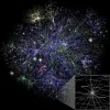 Et farverigt net af forgreninger og forbindelser lyser mod sort baggrund i en visualisering af en del af internettet.