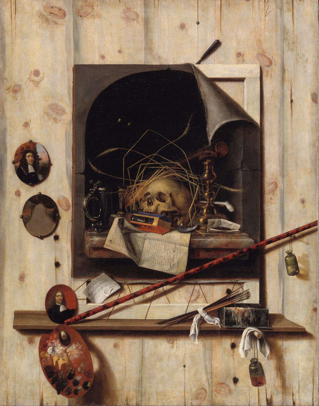 Gijsbrechts' maleri fra 1668 viser et kranium og andre genstande på et tilsyneladende løst lærred foran en ateliervæg med malergrej.