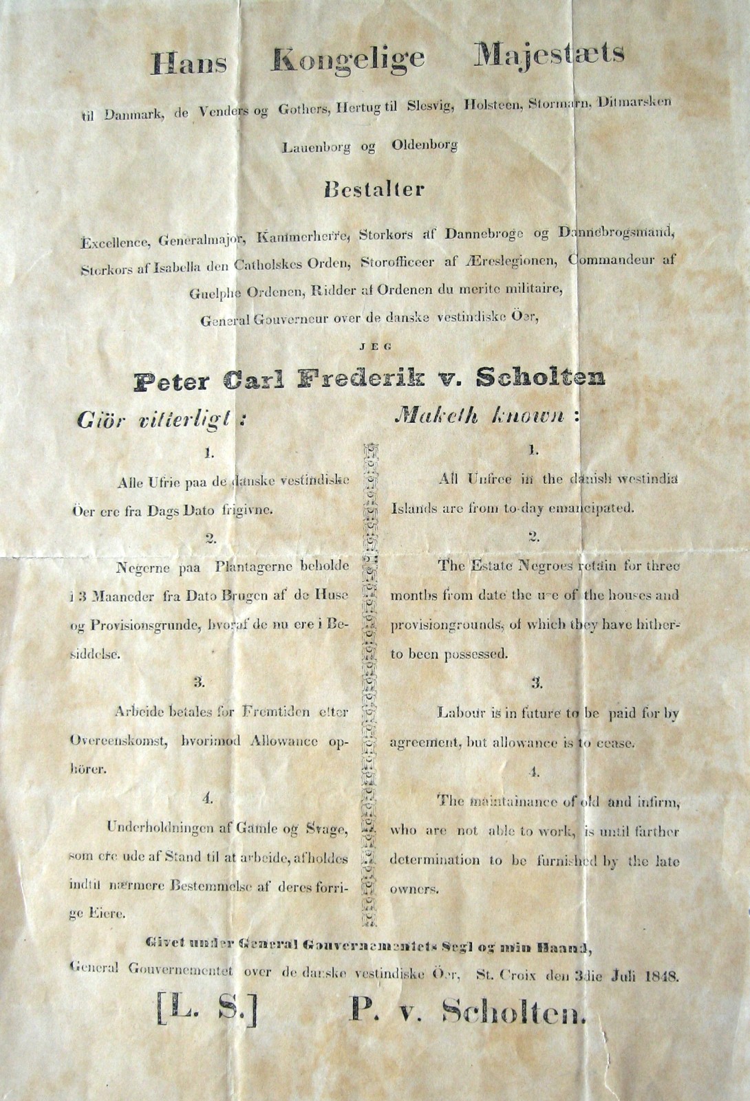 Tosproget proklamation dateret 3. juli 1848 om slaveriets ophævelse i Dansk Vestindien.