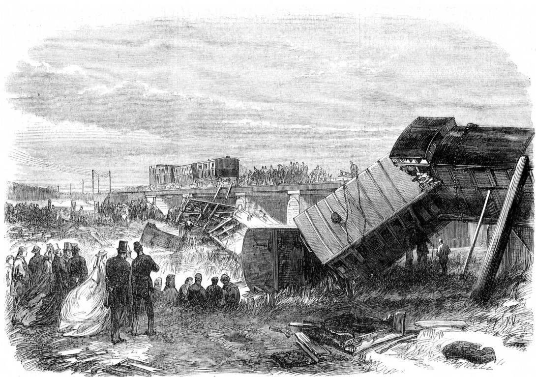 Væltede jernbanevogne og mennesker ved broen efter togulykken i Staplehurst i 1865, gengivet i et samtidigt tryk.