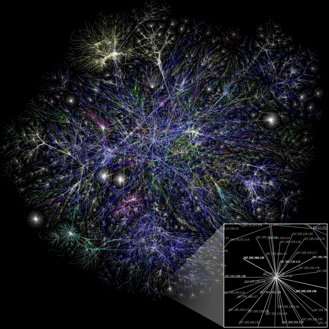 Et farverigt net af forgreninger og forbindelser lyser mod sort baggrund i en visualisering af en del af internettet.