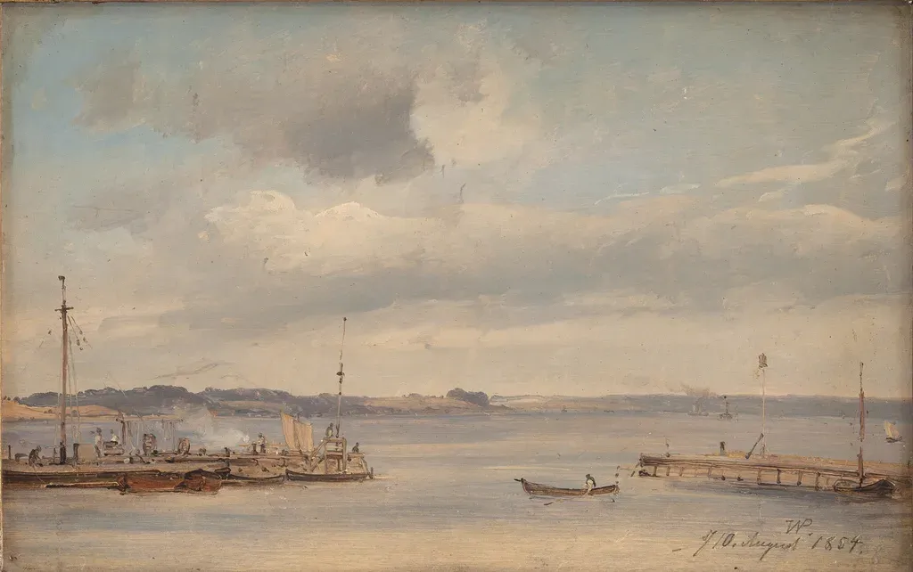 Vilhelm Petersens maleri af Humlebæk Havn med små både, moler og skibe på Øresund.